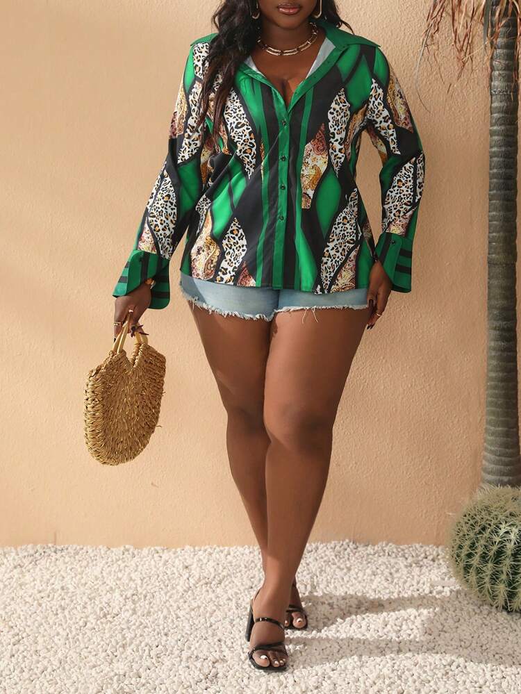 Plus Size Printed Shirt Plus Two Pieces Outfits, Spring