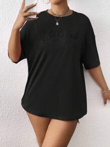 SHEIN EZwear Kích thước lớn Màu thuần Thêu Chữ Thả vai Áo thun - màu đen - Xem 5