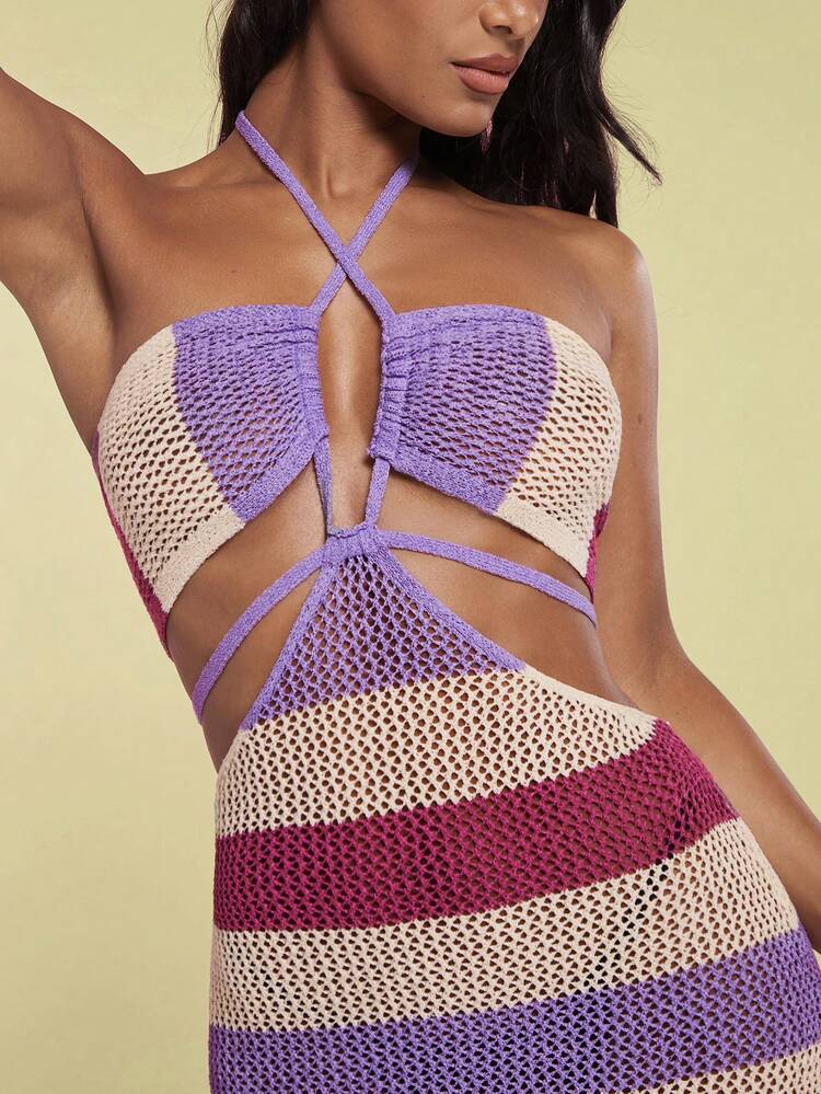 Hollow Out Color Block Knitted Halter Neck Sweater Dress For Beach Party, Gathering & Music Festival