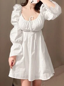 DAZY Round Neck Tie Waist Ruffle Sleeve Dress, Fall Dress Long Sleeve Dress - White - View 4