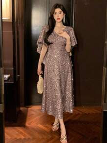 DAZY 女士闪亮荷叶边短袖A字返校礼服，新年舞会派对女士吊带裙亮片优雅女士嘉年华连衣裙 - 粉色 - 查看 4