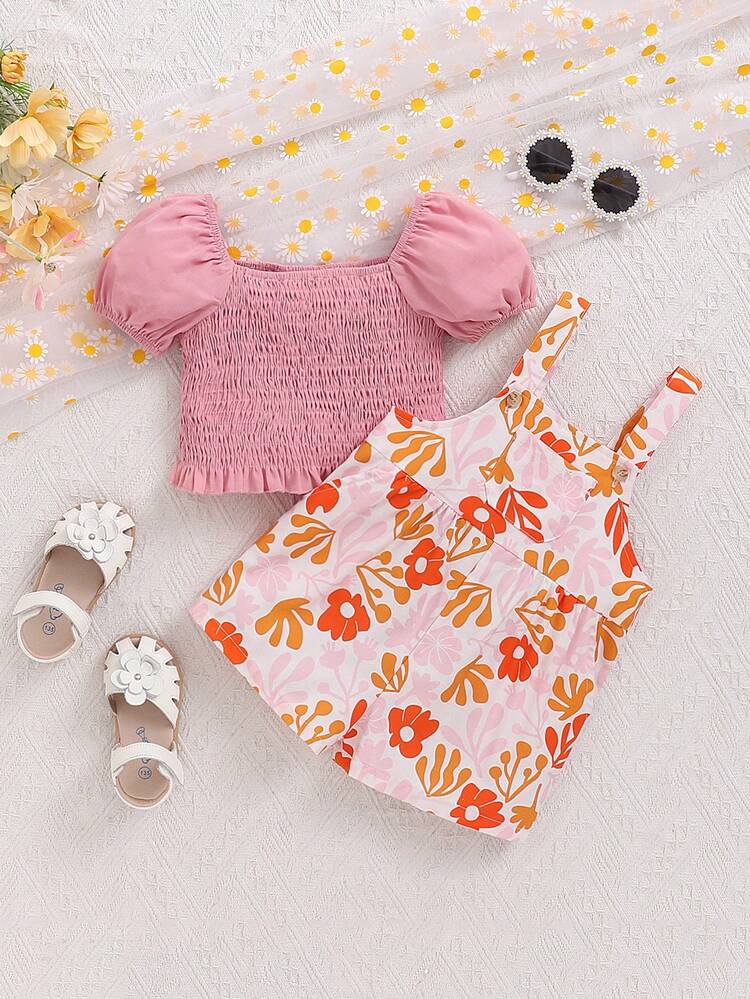 Casual And Cute Baby Girl's Solid Color Wrap Top And Floral Suspender Shorts Romper Set, Perfect For Summer Vacation