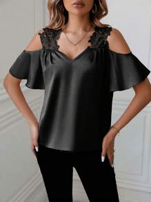 SHEIN Clasi Blusa De Hombros Descubiertos Con Encaje Y Parches - Negro - Ver 4
