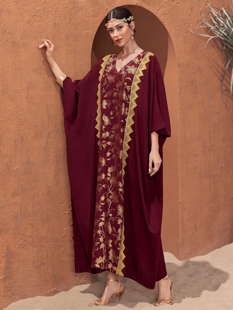 Burgundy Red Floral Print V-Neck Batwing Sleeve Dress Kaftan Jalabiya Dress