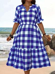 EMERY ROSE 大尺碼女士藍白格紋割裂領口荷葉邊連身裙,帶有褶邊,適用於夏季 - 藍白色 - 查看 1