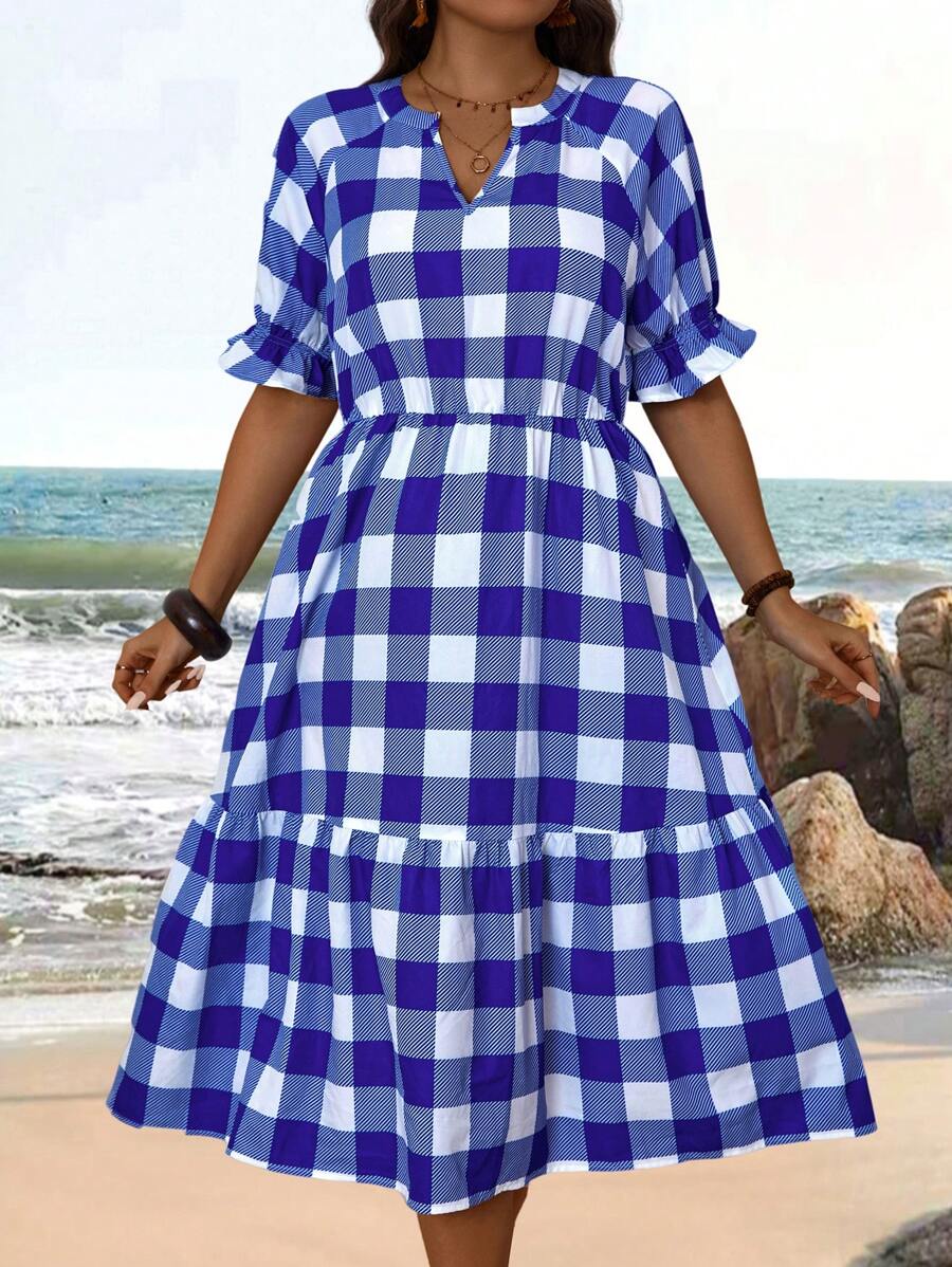 EMERY ROSE 大尺碼女士藍白格紋割裂領口荷葉邊連身裙,帶有褶邊,適用於夏季 - 藍白色 - 查看 1