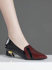 Fall/Winter Women's Color Block Comfortable Low Vamp Chunky Heel Slip-On Dress Pumps,Elegant - Burgundy - View 3