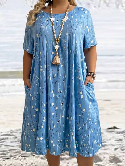 Breezaya Plus Size Summer Floral Printed Short Sleeve Dress