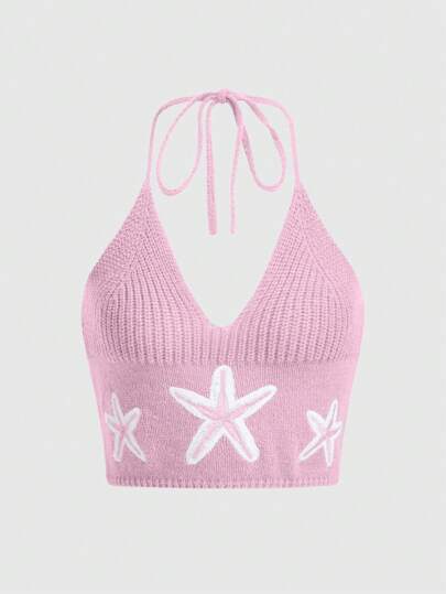 Fairycore Top De Tejido Halter Sin Espalda Con Adorno De Bordado Estrella De Mar