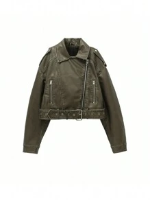 Vintage Distressed Zipper Front Motorcycle Jacket - Army Green - View 3