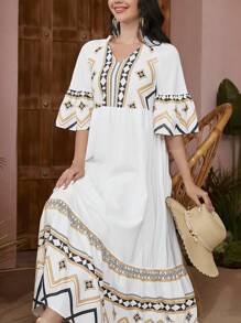 Mulvari Women's Geometric Printed Notched Neckline Dress - White - View 2