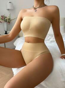 Women's Lingerie Set - Elegant Seamless Apricot One-Shoulder Bra And Triangle Panties - Apricot - View 3