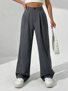 SHEIN Unity High-End Grey Wide-Legged Pleated Straight Suit Summer Pants - Grey - View 3