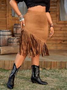 SHEIN Falda de talla grande con cintura elástica y borde con flecos, vestimenta occidental para la mujer vaquera - Caqui - Ver 1