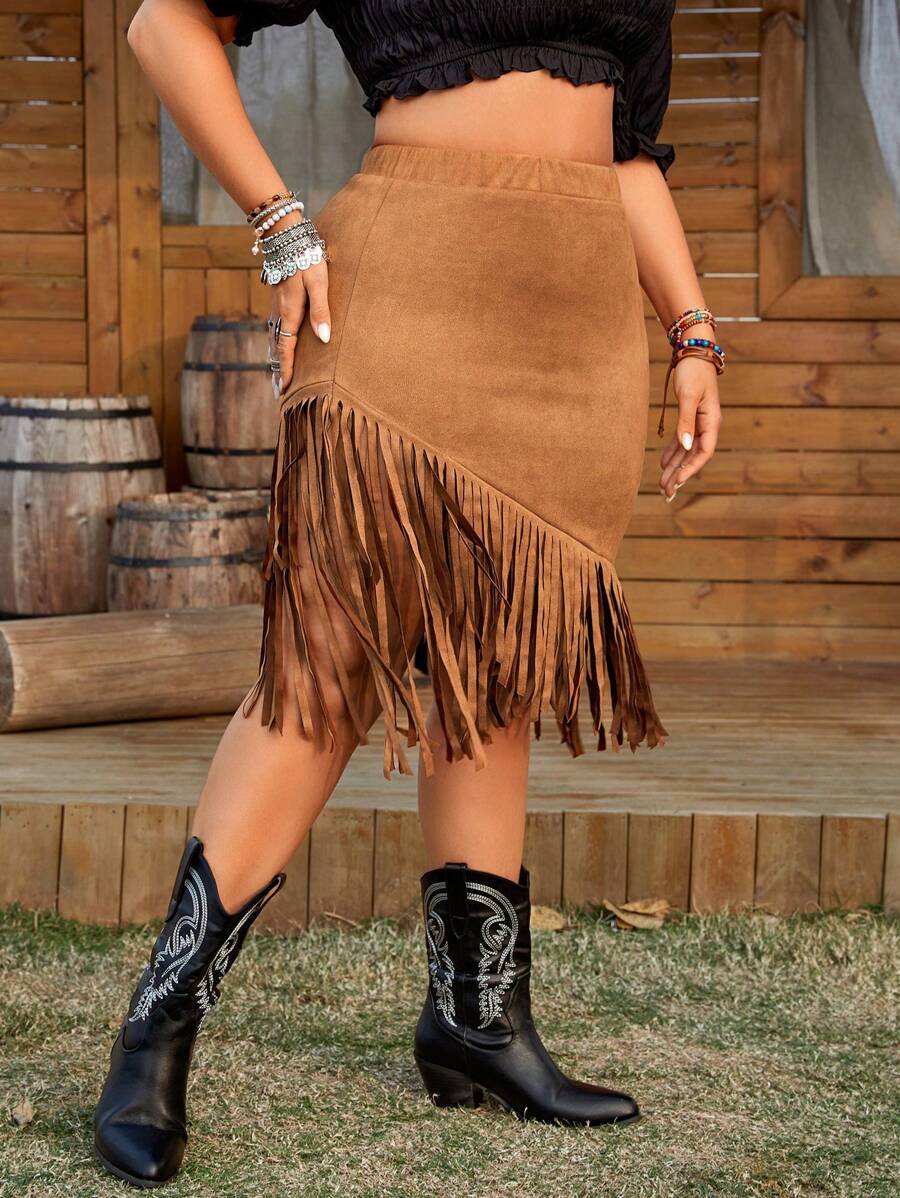 SHEIN Falda de talla grande con cintura elástica y borde con flecos, vestimenta occidental para la mujer vaquera - Caqui - Ver 1