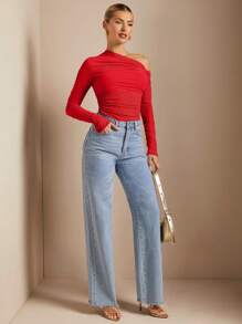 SHEIN BAE 露肩褶皺透視合身 T 卹 - 紅色 - 查看 3