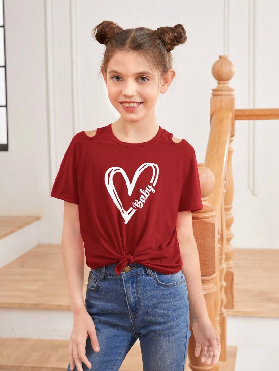 SHEIN Tween Girl Dệt Kim Trái Tim In Hình Cong Viền Áo Thun Nữ Tay Ngắn Đơn Giản Với Vai Cut Out Và Chi Tiết Xoắn - Màu Đỏ Sâu - Xem 1