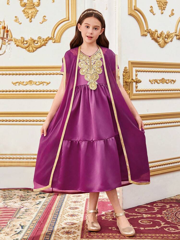 2pcs/Set Tween Girls' Loose Fit Dress And Coat Set With V-Neck And Weaving Decoration
