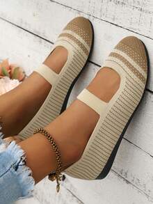2024新款女款針織透氣網眼布扁帶鞋,圓頭、奶油色休閒便鞋 - 卡其色 - 查看 4