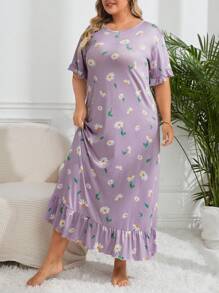 大码女式花卉印花荷叶边睡衣裙，长裙，Moo Moo