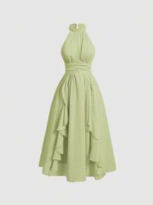 SHEIN MOD 纯色荷叶边饰挂脖式褶皱腰粉色夏季连衣裙 - 綠色 - 查看 1