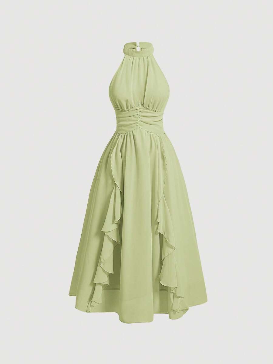 SHEIN MOD 纯色荷叶边饰挂脖式褶皱腰粉色夏季连衣裙 - 綠色 - 查看 1