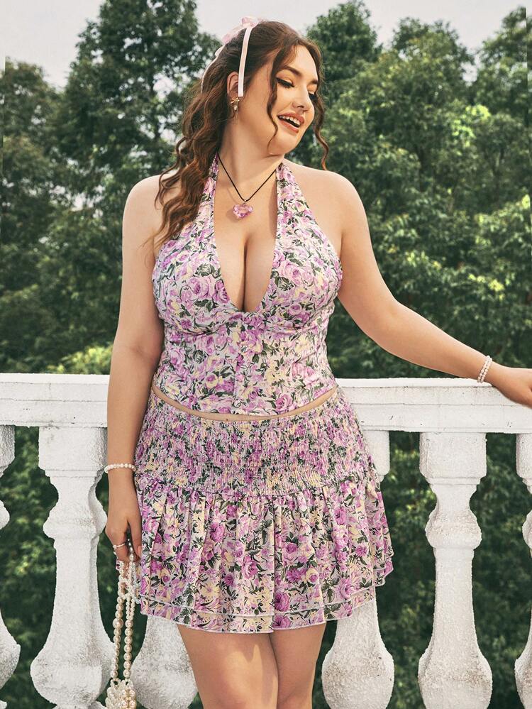 Plus Size Floral Print Halter Top And Shirred Skirt Music Festival Spring Summer Corset Top Floral Blouse Two Pieces Short Set Halter Top