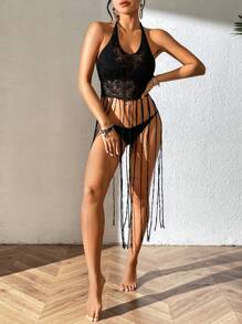 1pc Ladies' Fringed See-Through Cover Up Top - Black - View 4