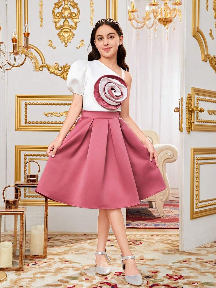 Tween Girl Twin Girl's Casual Two Piece Set, One Shoulder Puff Sleeve Top & A-Line Skirt With 3d Floral Embellishment