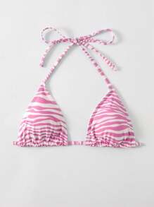 SHEIN Swim Zebra Stripe Print Halter Neck Bikini Top For Swimming, Vacation, Summer Beach - Pink - View 3