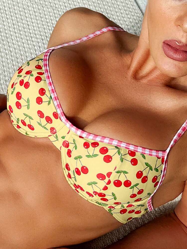 Ladies' Two-Piece Cherry Print Bikini Set For Summer Beach Vacations, Bikini Set Outfit Bathing Suit