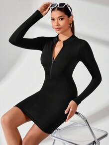 SHEIN Sports Women's Solid Color Zippered High Neck Bodycon Sporty Dress - Black - View 1