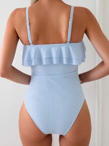 Swim Mod Summer Beach Striped Ruffle Trimmed One-Piece Swimsuit With Shoulder Straps