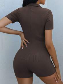SHEIN SXY Ladies' Solid Color Rib-Knit Half-Button Placket Tight Romper - Coffee Brown - View 2
