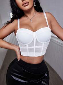 Top Corset Cami Branco Elegante Com Alça Espaguete De Renda Transparente E Sem Costas, Reforçado Por Barbatanas Para Modelagem Do Corpo, Ideal Para Noite De Encontro - Branco - Visão 6