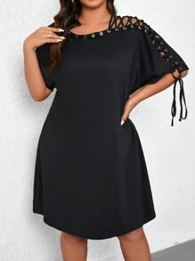 SHEIN LUNE Kích thước lớn Của phụ nữ Rắn lỏng lẻo Màu sắc Đầm Với Buộc Thiết kế - màu đen - Xem 1