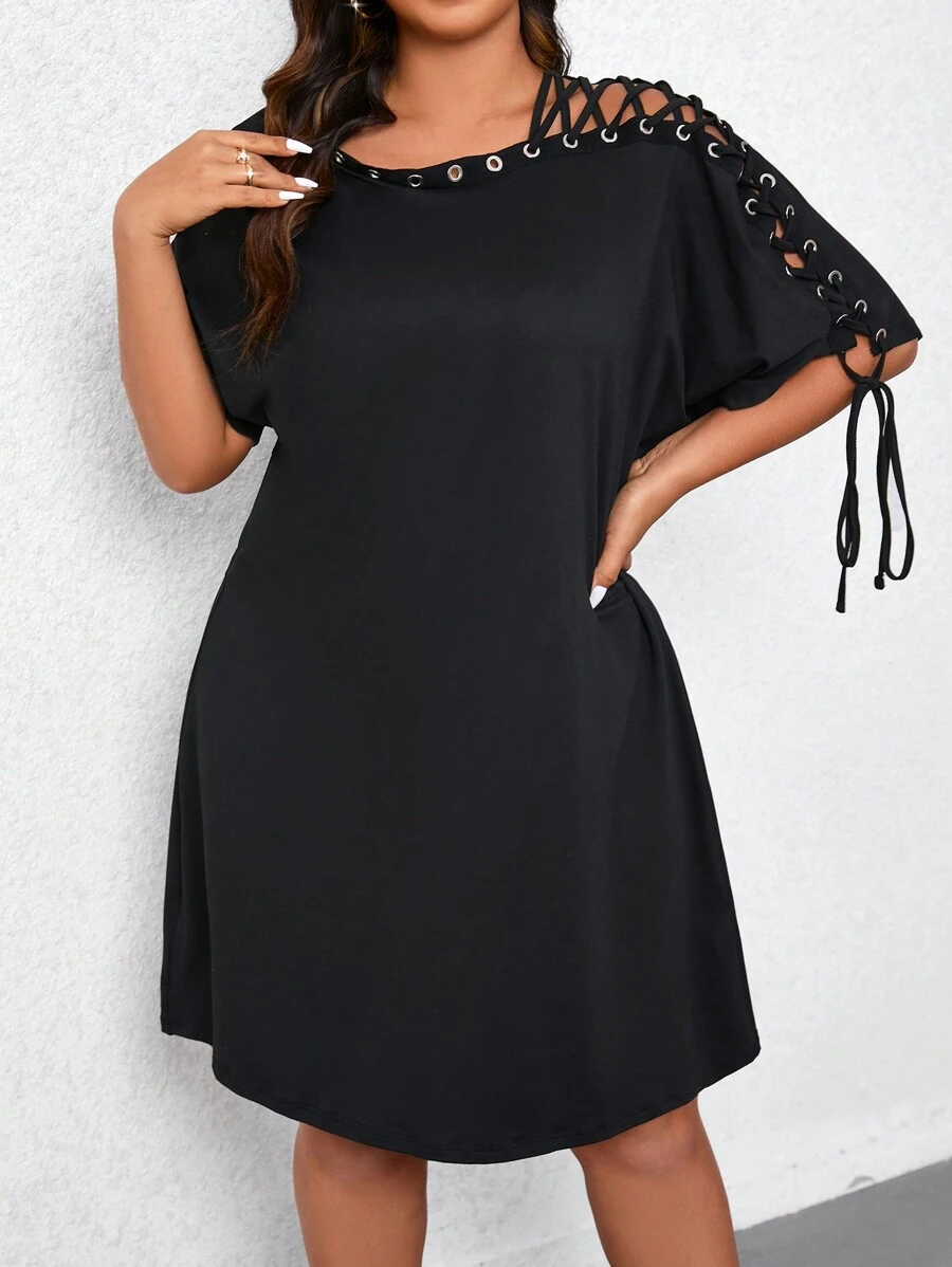 SHEIN LUNE Kích thước lớn Của phụ nữ Rắn lỏng lẻo Màu sắc Đầm Với Buộc Thiết kế - màu đen - Xem 1