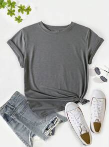 INAWLY Solid Color Round Neck Loose Short Sleeve T-Shirt - Grey - View 5