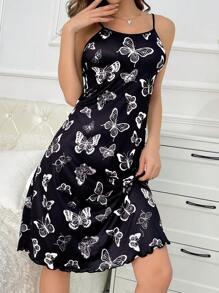 Butterfly Pattern Sleeveless Spaghetti Strap Pajama Night Dress - Black and White - View 6