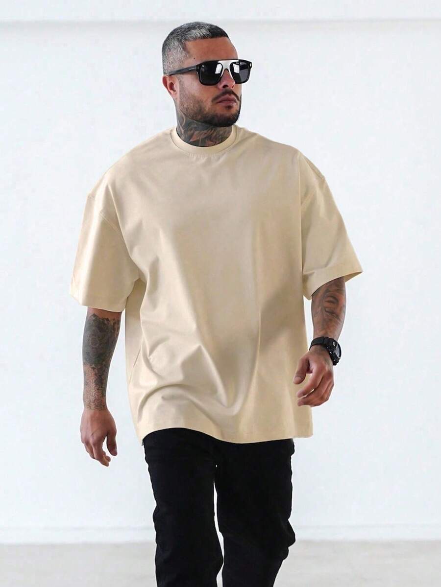 Men Solid Drop Shoulder Tee - Khaki - View 1