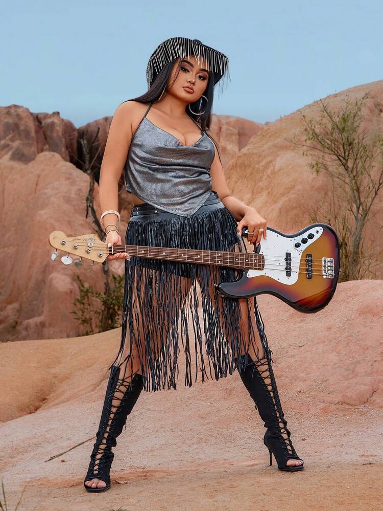 Plus Size Silver Metal Coating Ribbed Fabric Swing V-Neck Concert Outfits Music Festival Spring/Summer Vacation Top With Pointed Hem And Neckline Chain