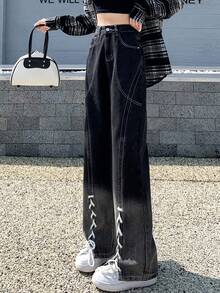 Ladies' Casual Gradient Color Tie Waist Straight Leg Jeans With Split Hem - Black - View 7