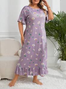 大码女式花卉印花荷叶边睡衣裙，长裙，Moo Moo