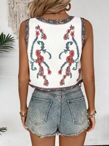 SHEIN LUNE Flower Print Open Front Sleeveless Jacket With Round Collar - White - View 2