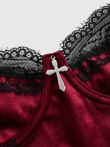 ROMWE Goth 女士性感哥特式连体衣，配十字架配饰，天鹅绒和蕾丝材质，带钢骨内衣，情人节礼物