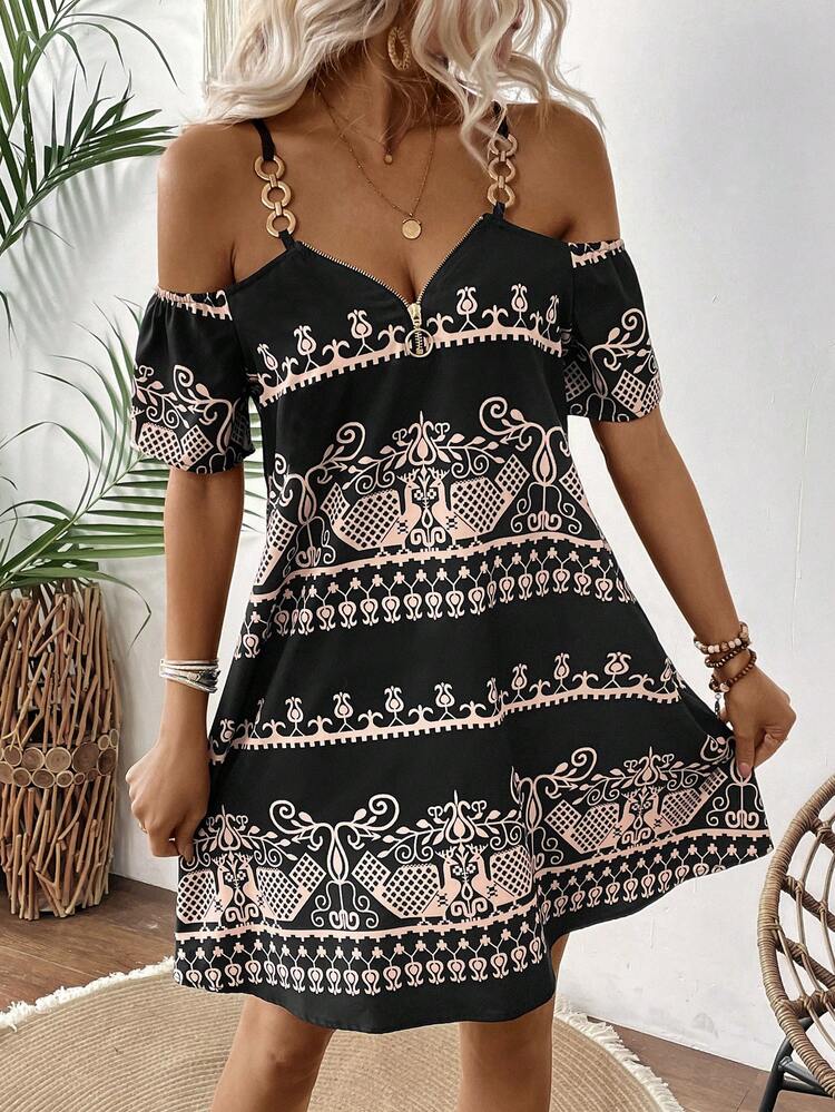 Women's Open Shoulder Short Sleeve Dress With Floral Print