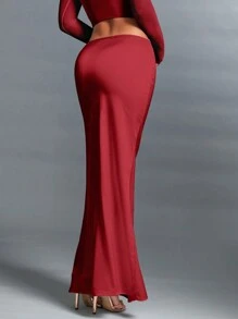SHEIN BAE 女士低腰緞面人魚裙,優雅的蝴蝶結,非常適合約會和派對 - 酒紅色 - 查看 2