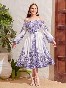 SHEIN Teen Girl Elegant Lantern Sleeve V-Neck Wrap Belted Guava Printed Dress - Blue - View 4