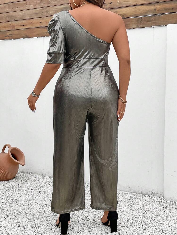 Plus Size One Shoulder Puff Sleeve Jumpsuit