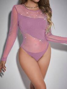 SHEIN Allurite Bodysuit De Malla Transparente Para Mujer Con Detalles De Pedrería - Lila Púrpura - Ver 3
